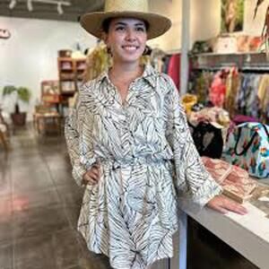 Elan Small Black White Leaf Print Button Front Tunic Top Coverup Dress